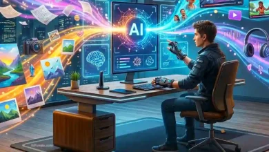 تمثيل بصري واقعي لمفهوم دمج الإبداع البشري مع تقنيات الذكاء الاصطناعي في صناعة المحتوى لعام 2026.